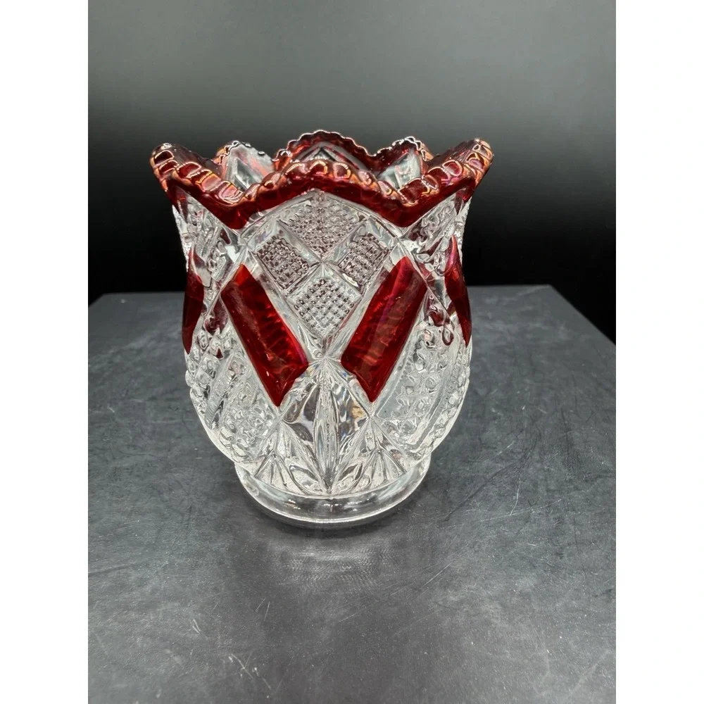 ❤️Bohemian Ruby Cut‑to‑Clear Toothpick Holder – Scalloped Rim – Diamond & Oval